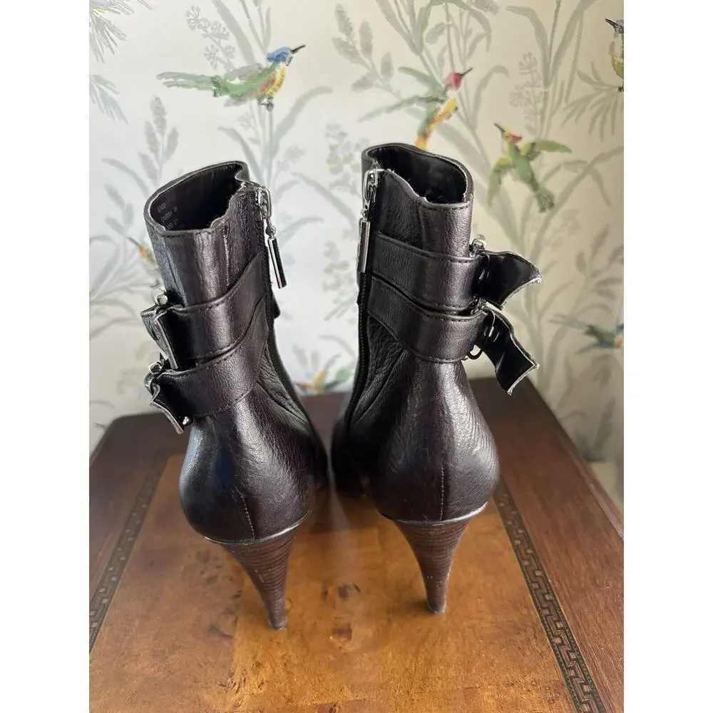Calvin Klein Brown Booties Ankle Boots Women size 8M Sexy Minimalist Buckles Zip
